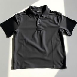 A stylish black polo shirt displayed on a flat surface