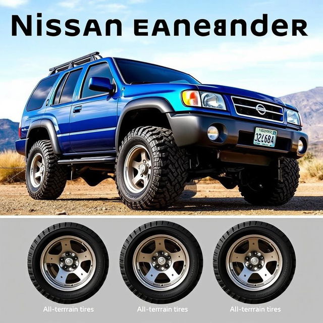 A blue 2001 Nissan Pathfinder, showcasing its original equipment manufacturer (OEM) specifications, equipped with rugged all-terrain tires and eye-catching all-terrain rims