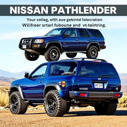 A blue 2001 Nissan Pathfinder, showcasing its original equipment manufacturer (OEM) specifications, equipped with rugged all-terrain tires and eye-catching all-terrain rims