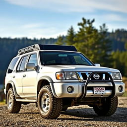 A pristine 2001 Nissan Pathfinder in white color, showcasing an OEM (original equipment manufacturer) appearance