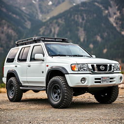 A pristine 2001 Nissan Pathfinder in white color, showcasing an OEM (original equipment manufacturer) appearance