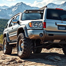 A detailed and vibrant depiction of a silver 2001 Nissan Pathfinder, featuring original manufacturer (OEM) elements