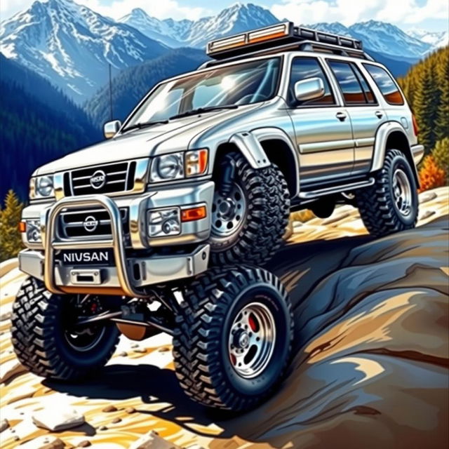 A detailed and vibrant depiction of a silver 2001 Nissan Pathfinder, featuring original manufacturer (OEM) elements