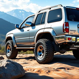 A detailed and vibrant depiction of a silver 2001 Nissan Pathfinder, featuring original manufacturer (OEM) elements