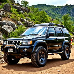 A striking black 2001 Nissan Pathfinder, beautifully showcasing its OEM design and authentic features