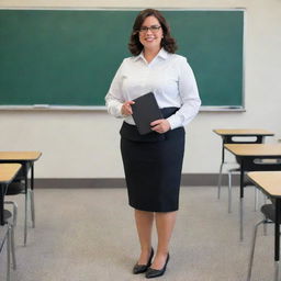 A full-bodied image of a 21st-century teacher, elegantly dressed in a professional uniform, complete with shoes. She's holding a tablet and pen, standing in a modern classroom setting.