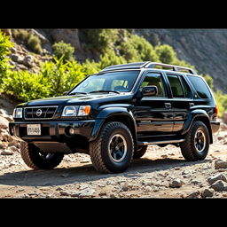 A striking black 2001 Nissan Pathfinder, beautifully showcasing its OEM design and authentic features