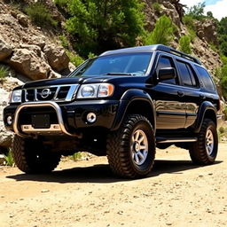 A striking black 2001 Nissan Pathfinder, beautifully showcasing its OEM design and authentic features