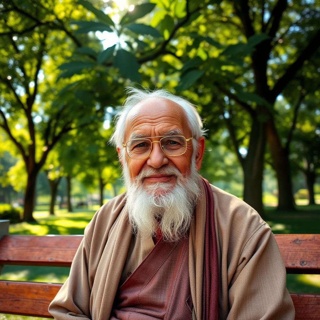 An elderly man with a wise and kind expression, wearing a traditional outfit that reflects his culture, with wrinkles that tell stories of a long life