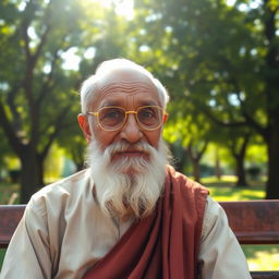 An elderly man with a wise and kind expression, wearing a traditional outfit that reflects his culture, with wrinkles that tell stories of a long life