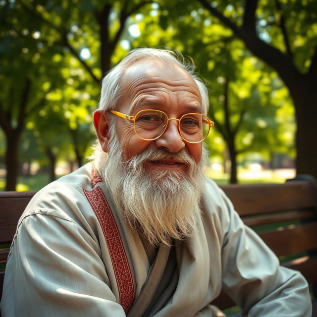 An elderly man with a wise and kind expression, wearing a traditional outfit that reflects his culture, with wrinkles that tell stories of a long life