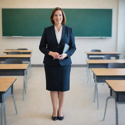 A full-bodied image of a 21st-century teacher, elegantly dressed in a professional uniform, complete with shoes. She's holding a tablet and pen, standing in a modern classroom setting.