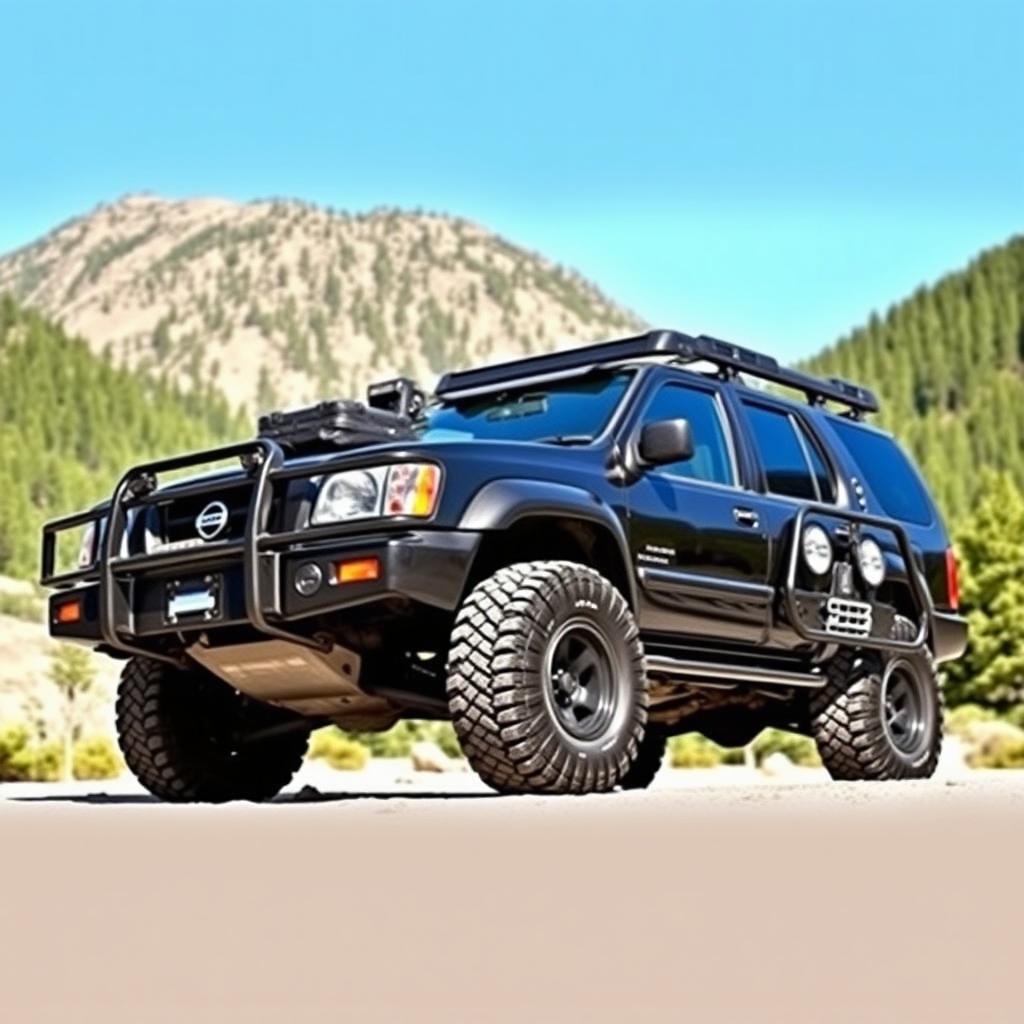 A black 2002 Nissan Pathfinder in a rugged outdoor setting, showcasing an OEM design with all-terrain tires