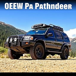 A black 2002 Nissan Pathfinder in a rugged outdoor setting, showcasing an OEM design with all-terrain tires