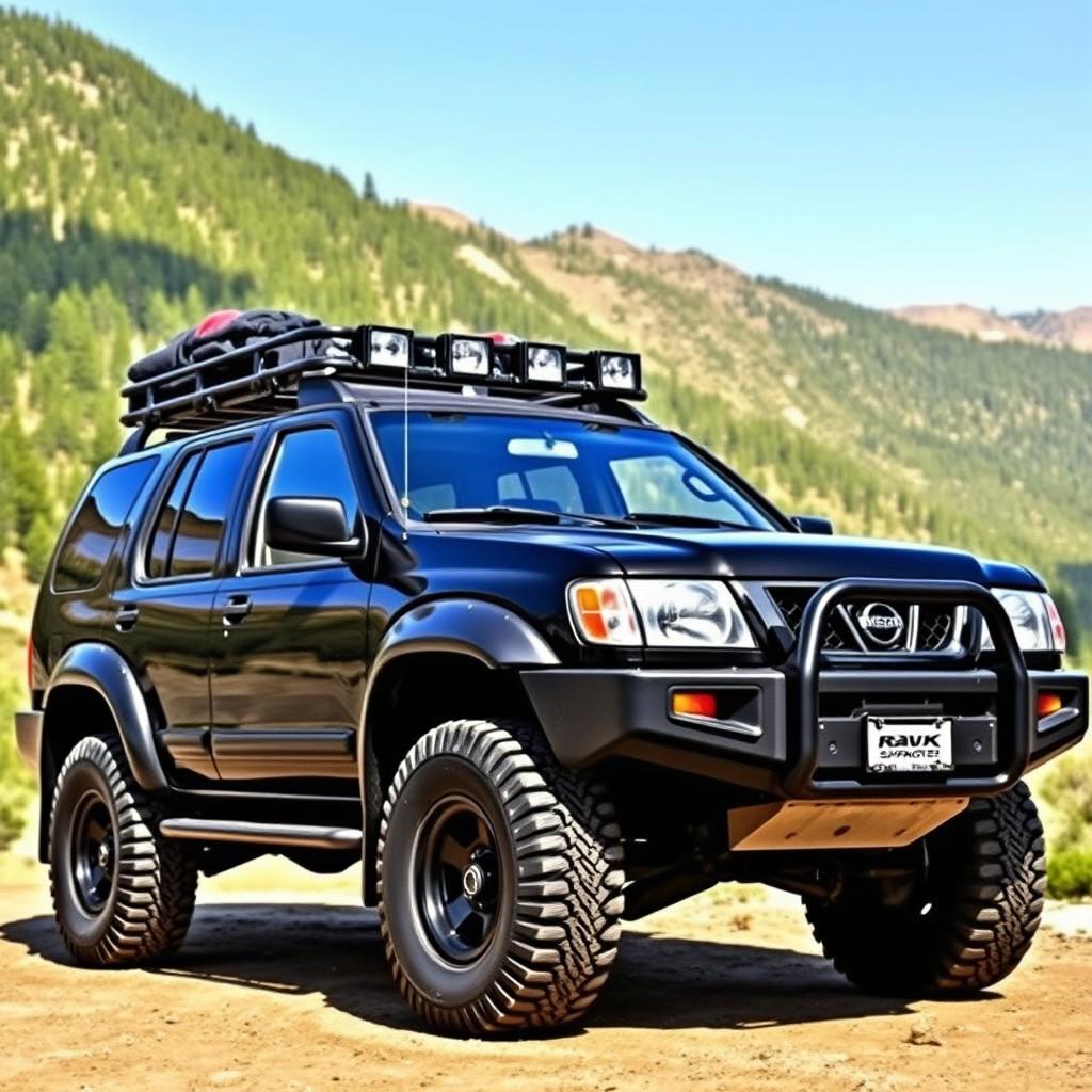 A black 2002 Nissan Pathfinder in a rugged outdoor setting, showcasing an OEM design with all-terrain tires