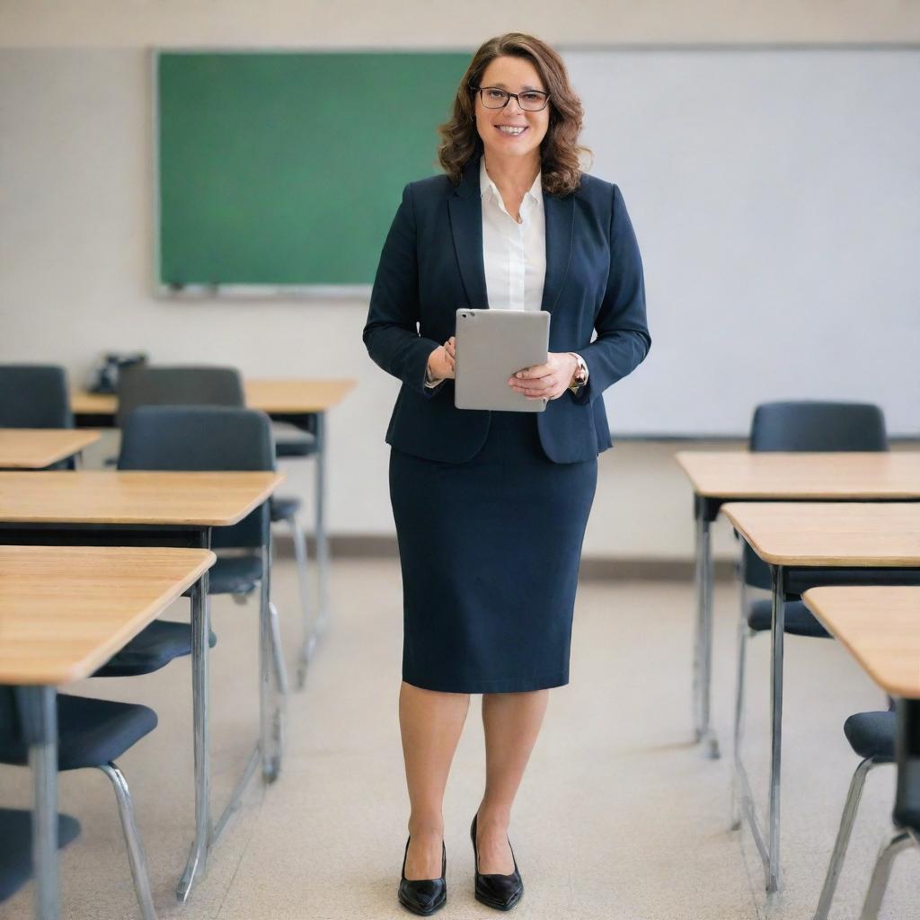 A full-bodied image of a 21st-century teacher, elegantly dressed in a professional uniform, complete with shoes. She's holding a tablet and pen, standing in a modern classroom setting.