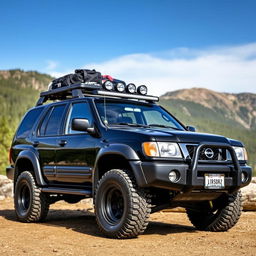 A black 2002 Nissan Pathfinder in a rugged outdoor setting, showcasing an OEM design with all-terrain tires