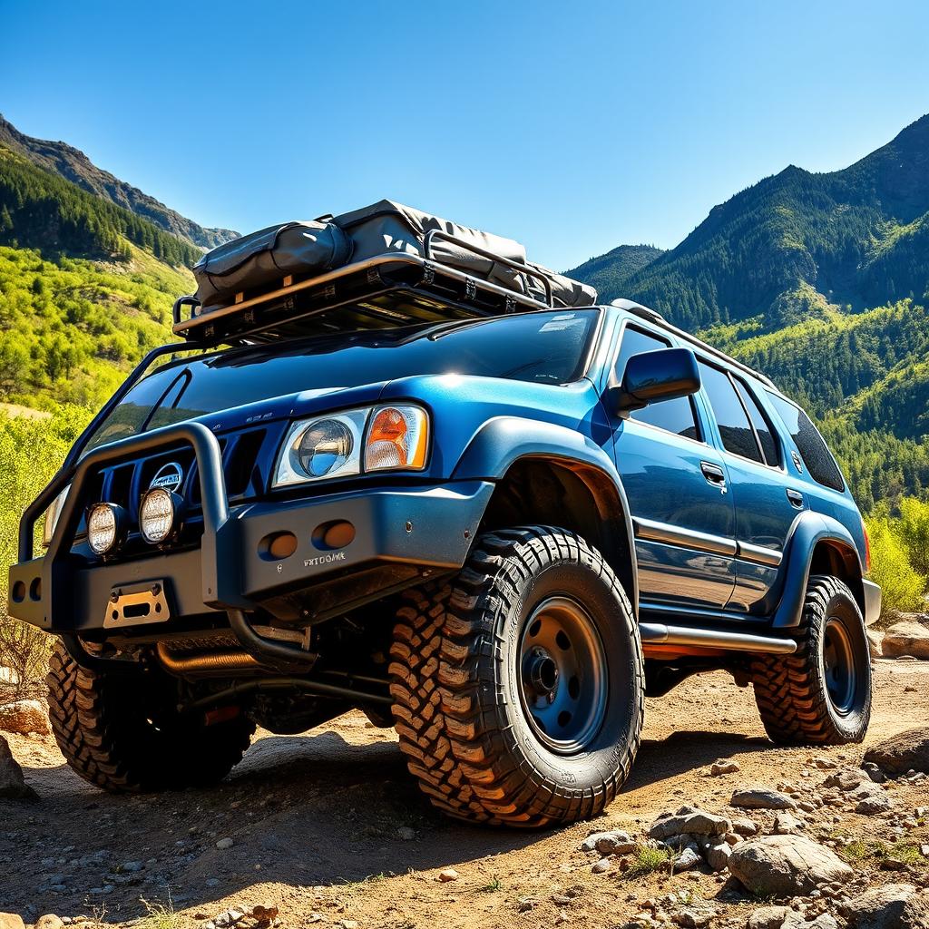 A blue 2002 Nissan Pathfinder in a rugged outdoor environment, showcasing a very OEM appearance and fitted with all-terrain tires