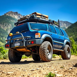 A blue 2002 Nissan Pathfinder in a rugged outdoor environment, showcasing a very OEM appearance and fitted with all-terrain tires