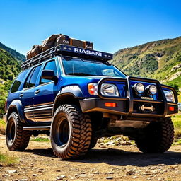 A blue 2002 Nissan Pathfinder in a rugged outdoor environment, showcasing a very OEM appearance and fitted with all-terrain tires