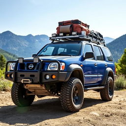 A blue 2002 Nissan Pathfinder in a rugged outdoor environment, showcasing a very OEM appearance and fitted with all-terrain tires