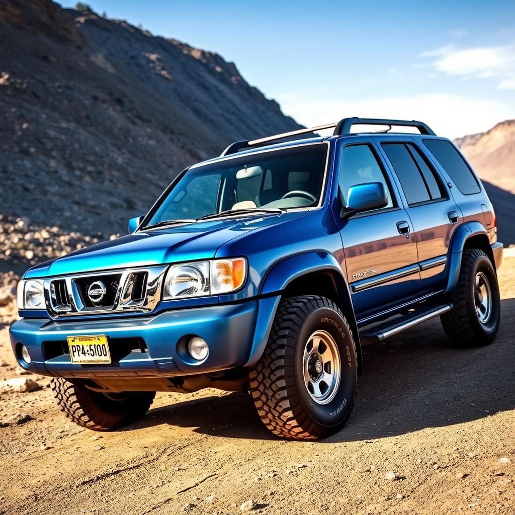 A 2002 Nissan Pathfinder, stunningly preserved in a vibrant blue color, showcasing its OEM features