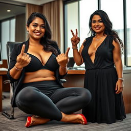 A realistic image of two beautiful, mature busty chubby Indian women aged 40