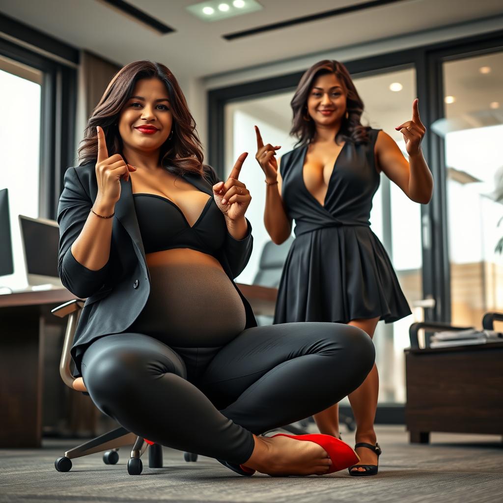 A realistic image of two beautiful, mature busty chubby Indian women aged 40
