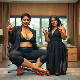 A realistic image of two beautiful, mature busty chubby Indian women aged 40