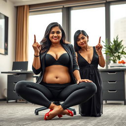 A realistic image of two beautiful, mature busty chubby Indian women aged 40