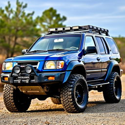 A blue 2002 Nissan Pathfinder model, showcasing a very OEM (original equipment manufacturer) design