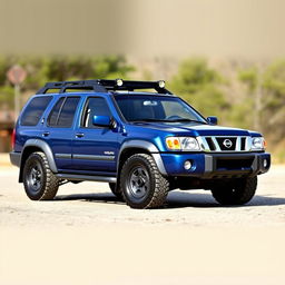 A blue 2002 Nissan Pathfinder model, showcasing a very OEM (original equipment manufacturer) design