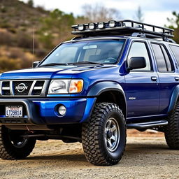 A blue 2002 Nissan Pathfinder model, showcasing a very OEM (original equipment manufacturer) design