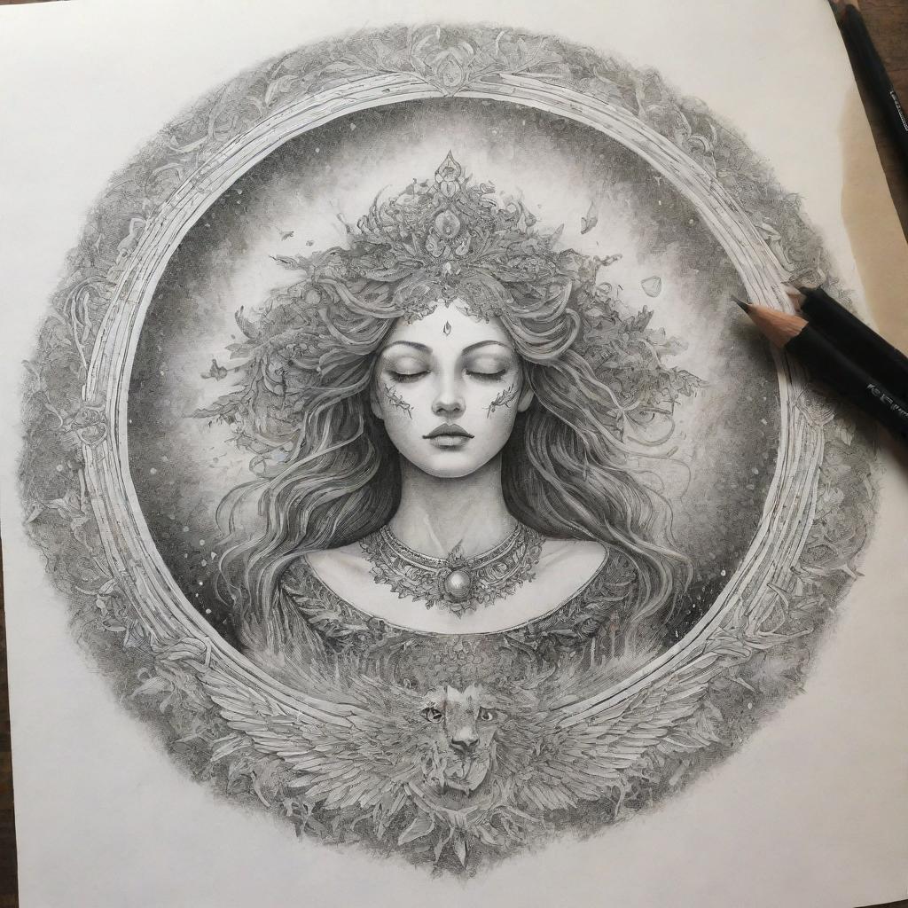 Create an esoteric and captivating drawing that represents the intangible essence of dreams to be claimed, filled with symbols of aspiration, achieving and desire.