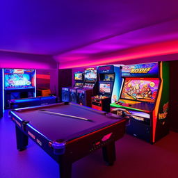 A spacious 30 square meter games room with a pool table, arcade machines, a modern gaming console, comfortable seating and optimal lighting.