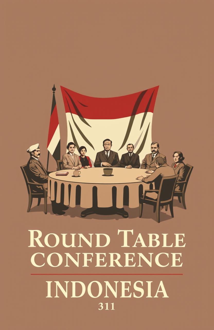 A vintage-style poster depicting the Round Table Conference, a significant event in the early independence of Indonesia