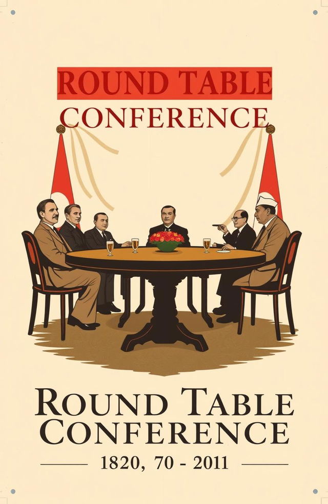 A vintage-style poster depicting the Round Table Conference, a significant event in the early independence of Indonesia