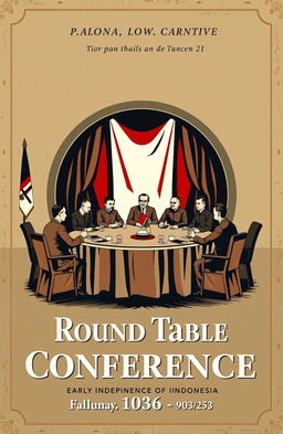 A vintage-style poster depicting the Round Table Conference, a significant event in the early independence of Indonesia