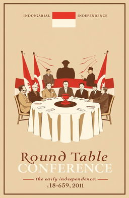 A vintage-style poster depicting the Round Table Conference, a significant event in the early independence of Indonesia