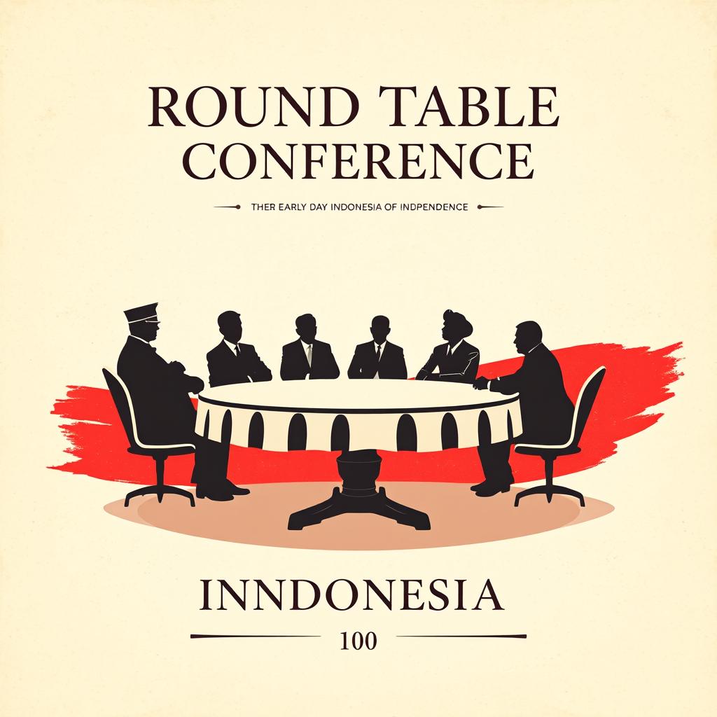 A vintage-inspired poster illustrating the Round Table Conference marking the early days of Indonesia’s independence