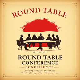 A vintage-inspired poster illustrating the Round Table Conference marking the early days of Indonesia’s independence