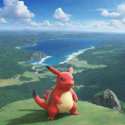 An awe-inspiring image of GradonPokemon, flaunting its dominance and strength in a breathtaking landscape