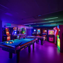 A spacious 30 square meter games room with a pool table, arcade machines, a modern gaming console, comfortable seating and optimal lighting.