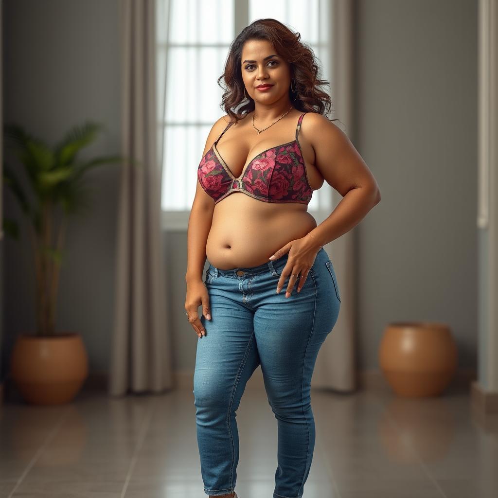 A hyper-realistic image of an Indian, curvy, and thick mature wife with a stunningly beautiful appearance