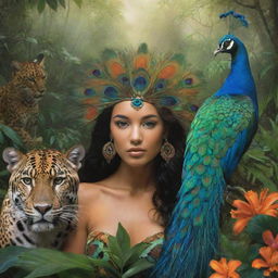 Artistic depiction of a native nymph, a majestic jaguar, and a resplendent peacock in a lush jungle setting. The nymph, in harmonious co-existence with the wildlife, embodies the essence of natural beauty and grace.