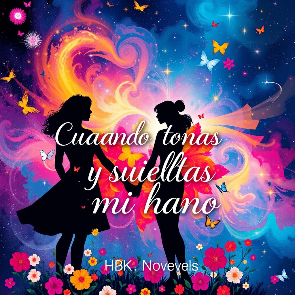 A vibrant and colorful book cover for a novel titled 'Cuando tomas y sueltas mi mano'