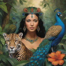 Artistic depiction of a native nymph, a majestic jaguar, and a resplendent peacock in a lush jungle setting. The nymph, in harmonious co-existence with the wildlife, embodies the essence of natural beauty and grace.