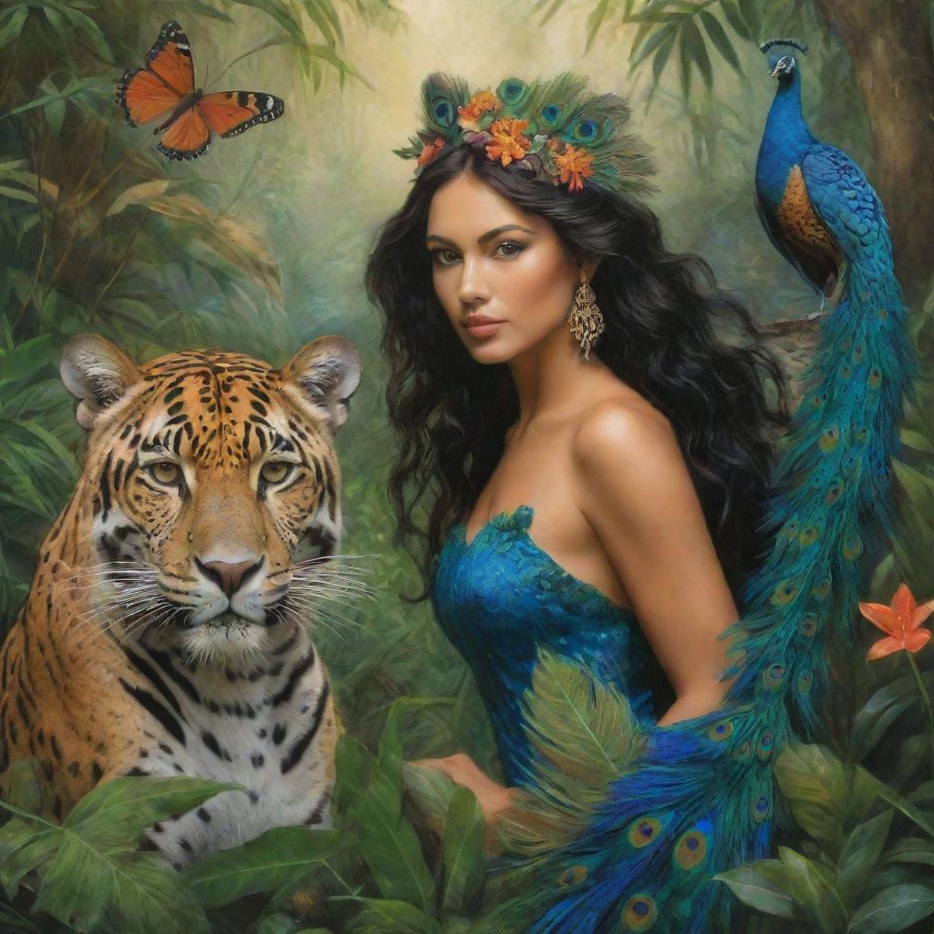 Artistic depiction of a native nymph, a majestic jaguar, and a resplendent peacock in a lush jungle setting. The nymph, in harmonious co-existence with the wildlife, embodies the essence of natural beauty and grace.