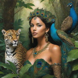 Artistic depiction of a native nymph, a majestic jaguar, and a resplendent peacock in a lush jungle setting. The nymph, in harmonious co-existence with the wildlife, embodies the essence of natural beauty and grace.