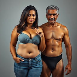 A hyper-realistic image of an Indian, curvy, thick, and busty middle-aged wife, aged around 40, showcasing her stunning beauty